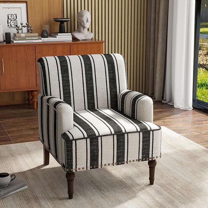 UIXE Stripe Accent Chairs Set of 2 Living Room Arm Chair Modern Nailhead Trim Club Armchair Comfy Upholstered Sofa Lounge Seat Reading Seat Bedroom Side Seating for Home Office Black