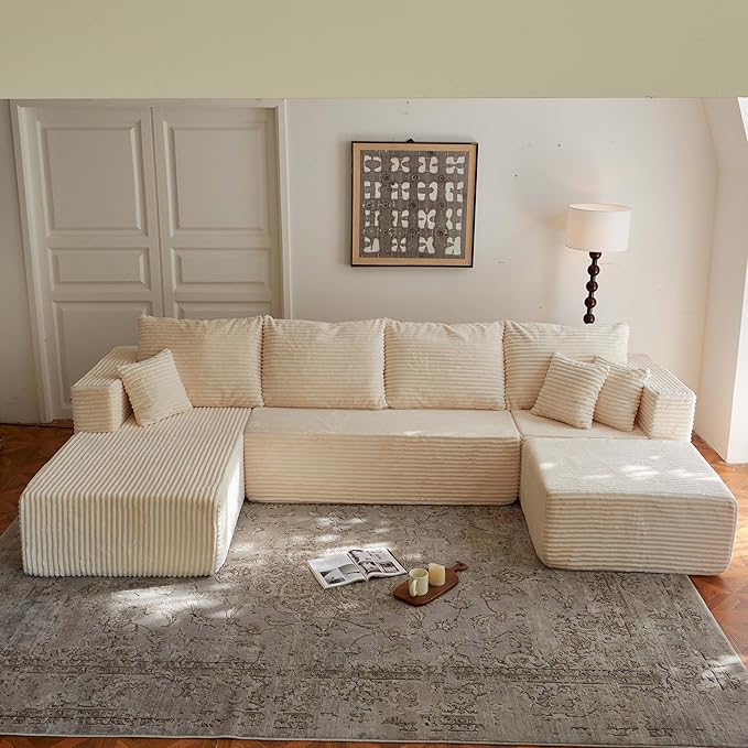 134 Beige Boneless Couch with Ottoman  Sectional Couches for Living Room L Shaped Couch 4 Seat Sofa with Pearl PipingCompression Sofa for Bedroom Comfy  No Assembly Corduroy (134’’ Beige)