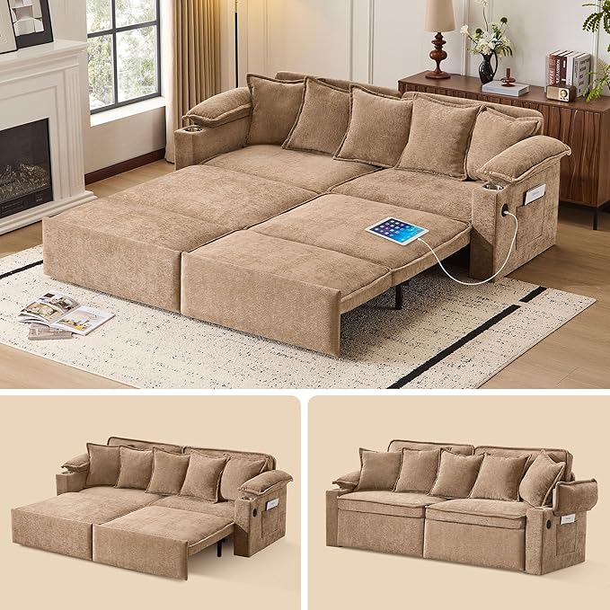 SUNWAVE 83 King Size Pull Out Sofa Bed 4-in-1 Convertible Sleeper Sofa Bed with USB Ports Cup Holders Side Pockets Corduroy Oversized Loveseat Chaise Lounge for Living Room Small Space