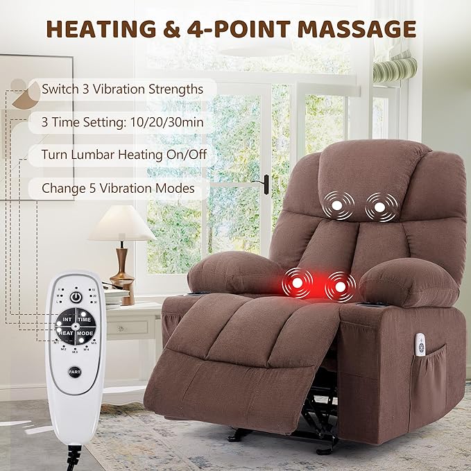 Massage Rocker Recliner Chair Ergonomic Rocking Recliner Sofa with Vibration Massage &amp Heat Reclining Fabric Nursery Chair for Living Room Lounge with 4 Pockets 2 Cup Holders Brown