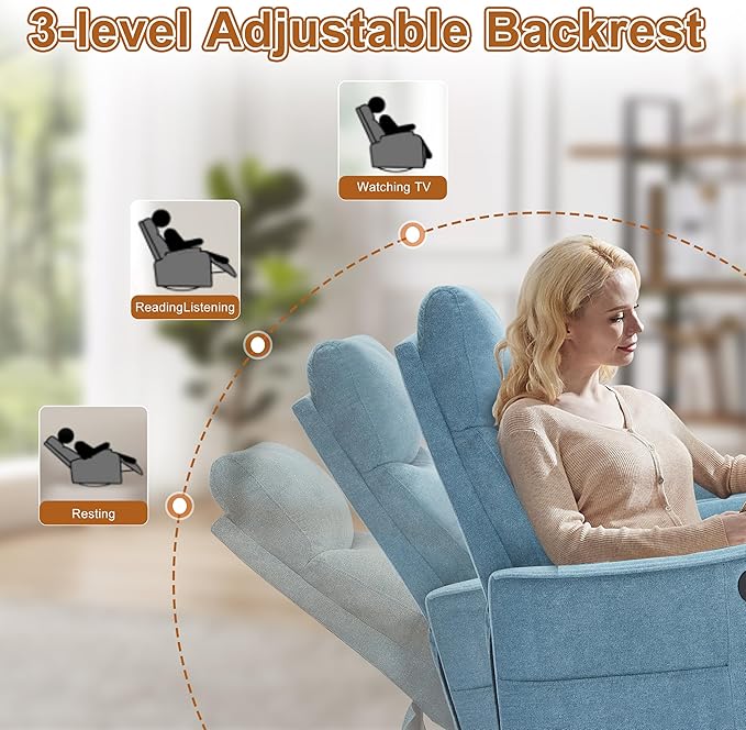 Massage Rocker Swivel Recliner Chair for Adults Manual Recliner Glider with Lumbar Heating Technical Flannel Fabric Nursery Glider Rocking Chair with Vibration Massage for Living Room - Blue