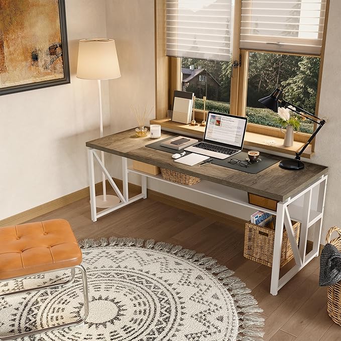 LITTLE TREE 63-Inch Executive Office Desk Large Computer Desk with Storage Shelf Executive Desk with Metal Frame Thickened Desktop Study Writing Desk Work Station for Home Office Grey + White