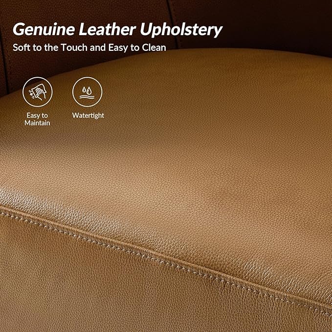 HULALA HOME Genuine Leather Swivel Accent Chair with Solid Wood Base Round Swivel Barrel Chair for Living Room and Bedroom Camel