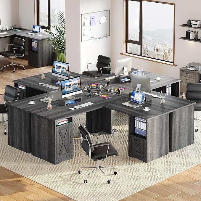 YITAHOME L Shaped Desk with Power Outlets 60 Inch Computer Desk Corner Desk with File Drawer Home Office Desk with Monitor Stand &amp Storage Shelves L-Shaped Desk with File Cabinet Grey