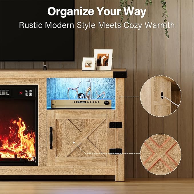 YESHOMY LED Fireplace TV Stand with Mood Lighting TV Cabinet with Open Shelf Farmhouse Media Console with Hidden Cable Routing Entertainment Center for Televisions up to 65+ Inch Natural Oak