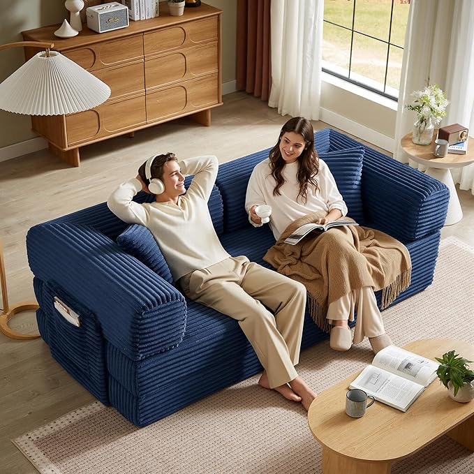 Boneless Couch Folding Couches for Living Room Sofa Futon Sofa Bed with Sleeper Sofa Futon Couch with Fixed-Shape Oversized Corduroy Upholstered (Blue 81 Inches)