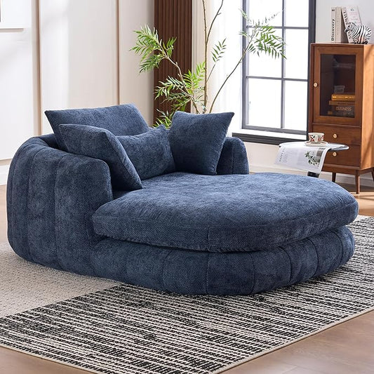 Oversized Chaise Lounge Indoor Deep Seat Boneless Sofa Bed with Throw Pillows Plush Chenille Fabric No Assembly Required Comfy Sleeper Sofa for Living Room Bedroom (Blue with Pocket)
