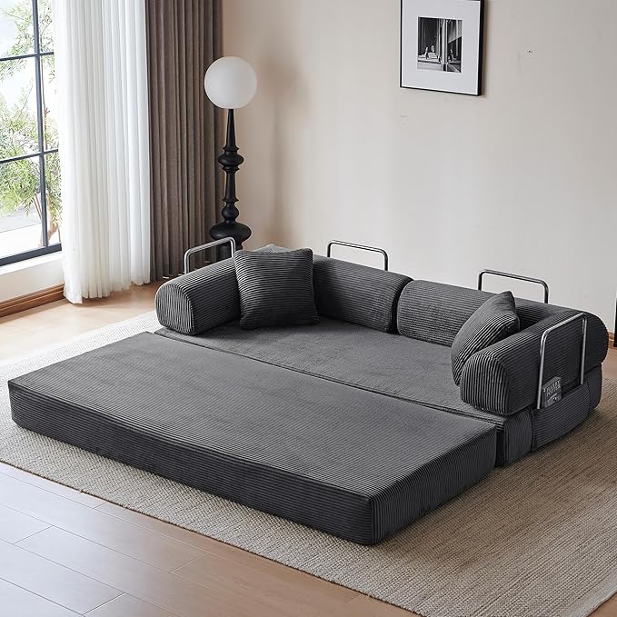 79 Convertible Sleeper Sofa Bed Modern Corduroy Floor Couch Bed with Fixed-Shape Frame Modular Sofa Couch with Pull Out Bed Boneless Loveseat Sleeper Couches for Living Room Grey