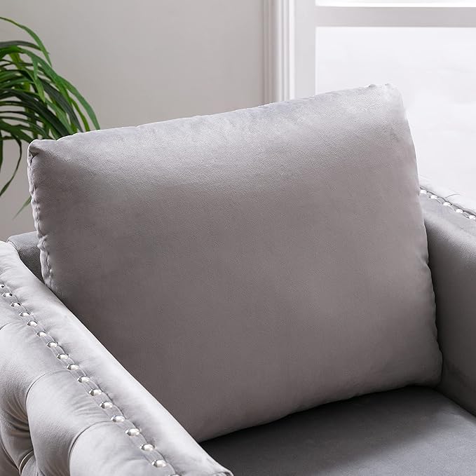 Modern Velvet Armchair Tufted Button Accent Chair Club Chair with Steel Legs for Living Room BedroomGrey