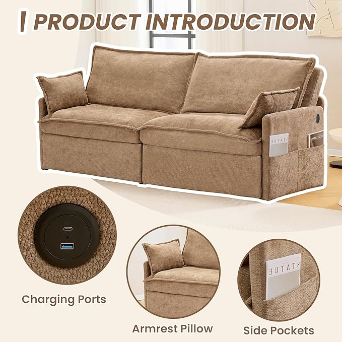 King Size Pull Out Couch3-in-1 Corduroy Sleeper Sofa Couch with Pull Out sofa bedUSB &amp Side StorageConvertible Loveseat Sleeper couch for Living Room Bedroom pet-friendly (Khaki 73.6'')