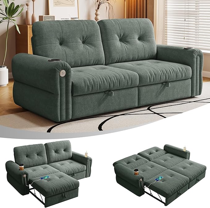 Queen Sofa BedConvertible Loveseat Sleeper SofasCouch with Pull Out BedPullout Couch Bed for Small SpaceQueen Sleeper Sofa Couches for Living RoomApartment &amp Guest Room Green | USB Port Cup