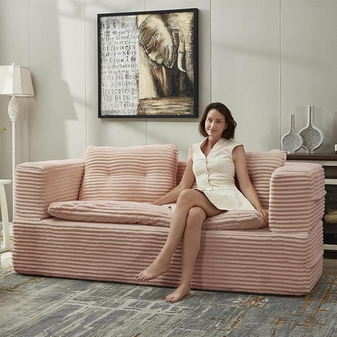 80 Sectional Queen Sleeper Sofa Bed with Independent Chaise Lounge Convertible King Size Sofa Bed with Multi Functional Blanket Corduroy Deep Seat Fluffy Foam Folding Loveseat Couch Pink