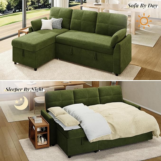 Jocisland Sofa Bed Sleeper Sofa with Storage Chaise Convertible Couch Bed with Pull Out l Shaped Couch for Living Room Linen Geen