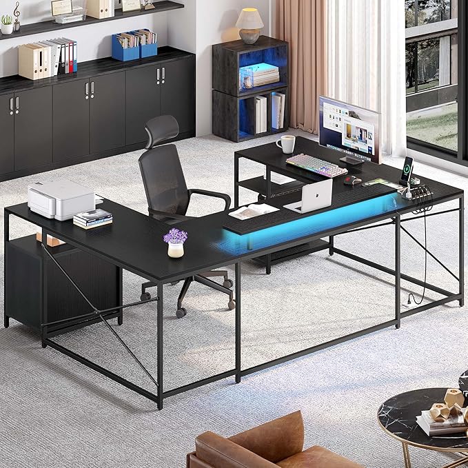 YITAHOME U Shaped Desk with Power Outlets &amp LED Lights 79 Reversible L Shaped Desk with Drawers Corner Computer Desk Office Desk with Monitor Stand &amp Storage Shelves Black