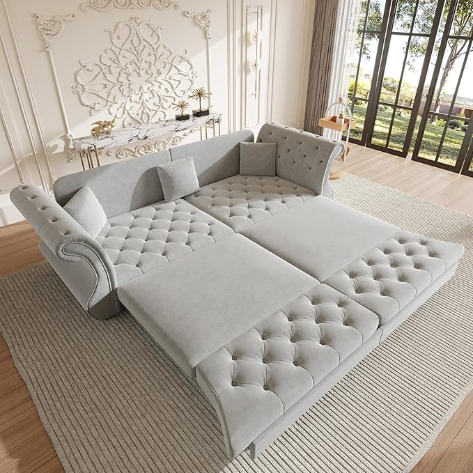 KEIKI 97.6 Chesterfield Sleeper Sofa with Pull Out Bed for Guests Oversized Velvet Couch with Rolled Arms &amp Tufted Upholstery for Hosting