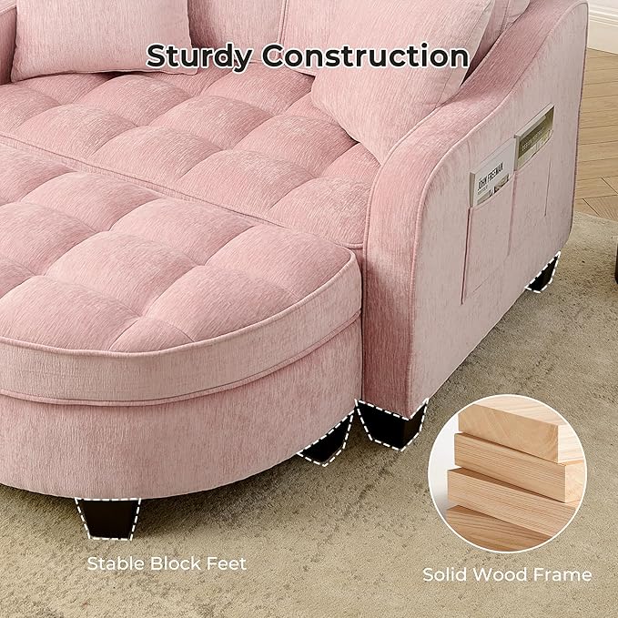 DEINPPA Oversized Accent Sofa Chair with Storage Ottoman Chenille Upholstered Comfy Chair with Throw Pillows for Living Room Reading Room Bedroom-Pink