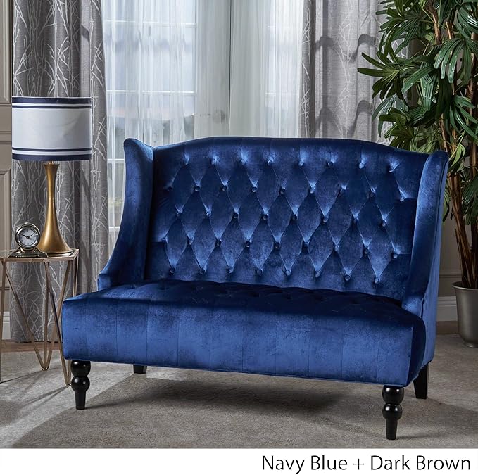 GDFStudio Modern Glam Tufted Velvet Wingback Loveseat Navy Blue and Dark Brown