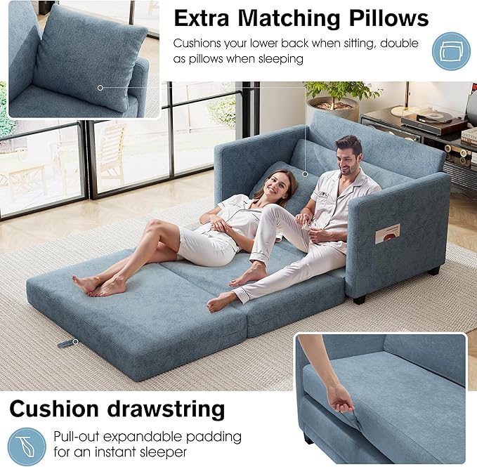 51 Loveseat Sleeper Sofa Bed Chenille Convertible Floor Sofa Bed for Small Spaces Folding Couch Bed with Deep Seat 2 Pillows &amp Solid Frame Pull Out Couch for Living Room Light Blue