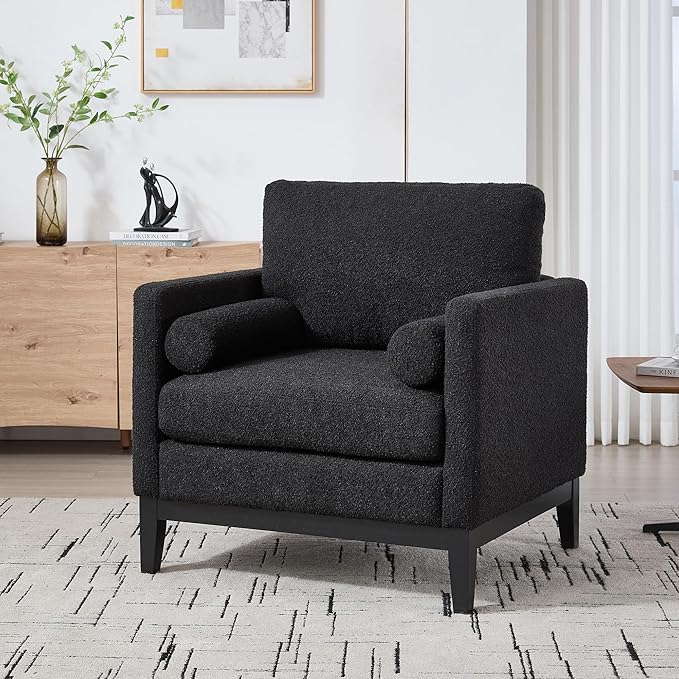 35.4 Modern Boucle Accent Chair with Deep Seat Oversized Wooden Upholstered Armchair Single Sofa Lounge Reading Chairs Large Accent Chair for Living Room/Bedroom/Office (Black &amp Style 2)