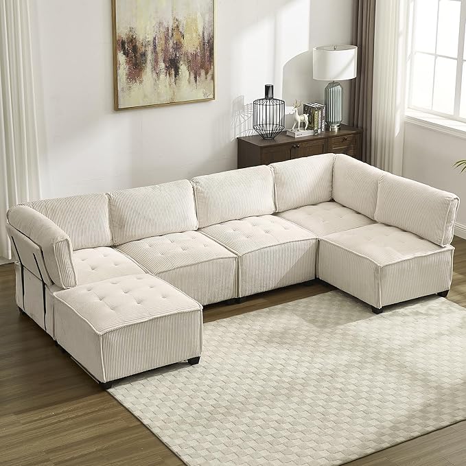 121 U Shaped Modular Sectional Sofa Couch 6 Seat Convertible Upholstered Deep Seat Sleeper Sofa with Chaise Lounge Cloud Couch for Living Room Beige White