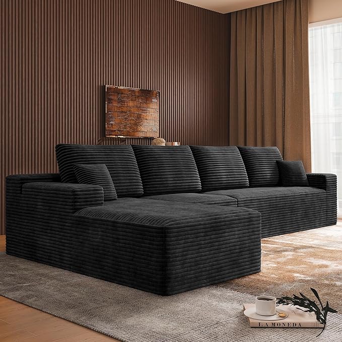 3-Piece Boneless Modular Sectional Sofa Cloud Couch with Left Facing Chaise Oversized Deep Seat Soft Corduroy Fabric Sectional Couch for Living Room-blackb