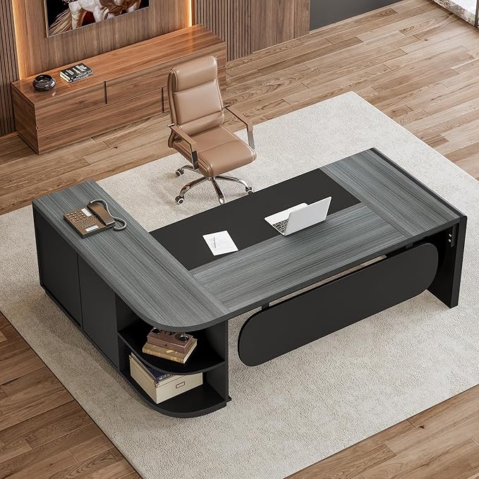 Tribesigns 81-Inch L-Shaped Executive Desk Large Modern Office Desk with Drawers and File Cabinet for Home or Business Workspace Grey &amp Black Computer Desk with Storage Shelves