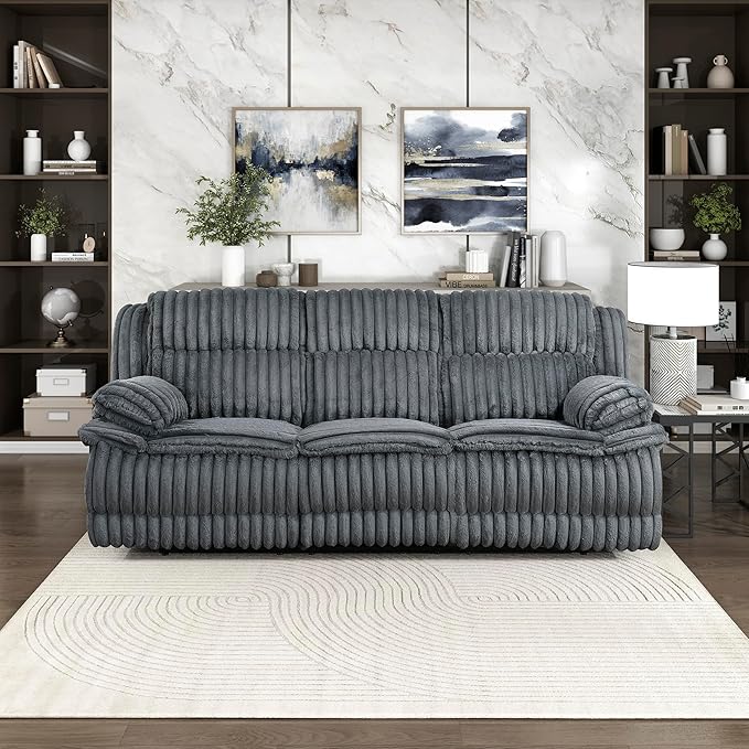 Lexicon Manual Double Reclining Sofa Corduroy Manual Wall Hugger Recliner Couch Pillow Top Arms Plush Foam Cushions Over Pocket Coils Cozy Reclining Sofa for Living Room Dark Gray