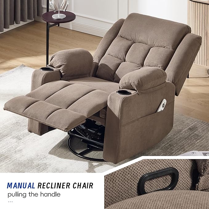 Swivel Recliner Chair for Adults with Massage and HeatManual Glider Rocking Recliner Chair with Cup Holds and PocketsReclining Rocker Chairs for Living Room R8817 (Coffee)