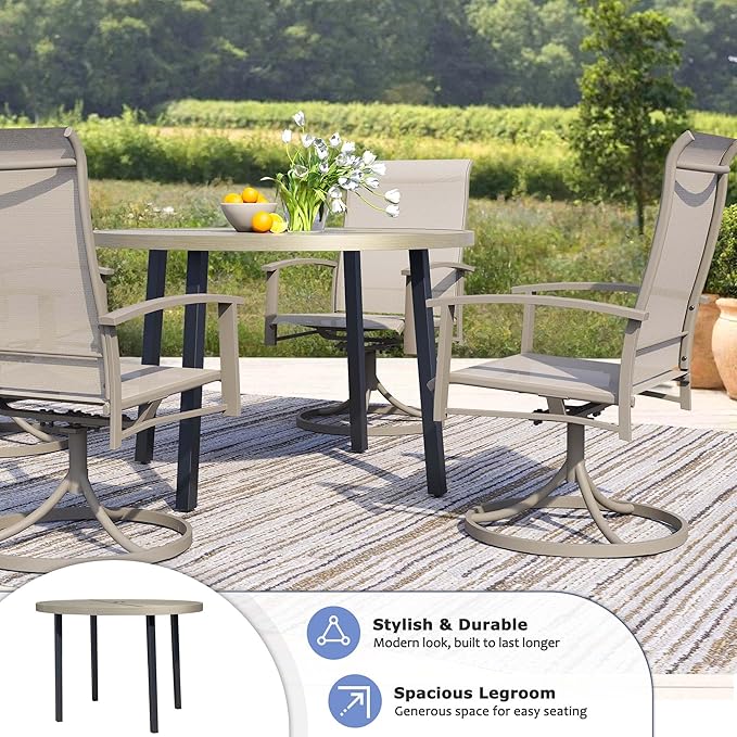 42 Round Patio Dining Table for 4 All-Weather Metal Patio Table with Umbrella Hole Outdoor Round Dining Table for Lawn Garden Porch Honey Oak