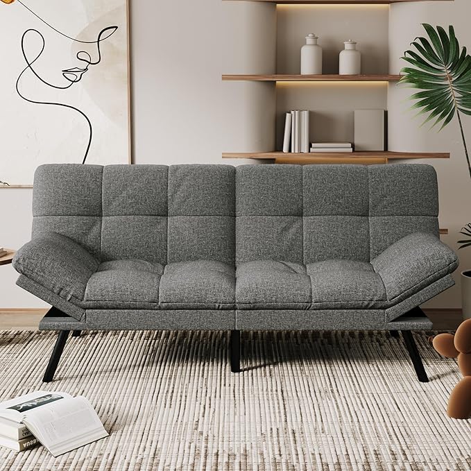 Vipbear 71 Convertible Futon Sofa BedLinen Fabric Futon Couch with Detachable CushionAdjustable Backrest &amp ArmrestModern Loveseat Sleeper Recliner for Living RoomOfficeApartmentGrey