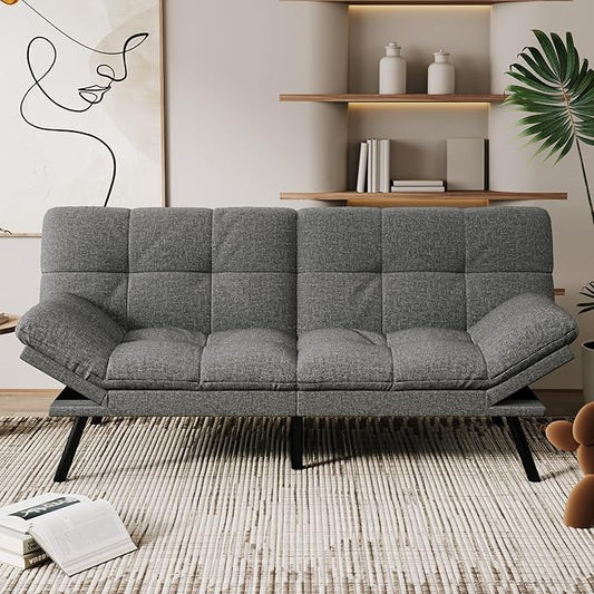 Vipbear 71 Convertible Futon Sofa BedLinen Fabric Futon Couch with Detachable CushionAdjustable Backrest &amp ArmrestModern Loveseat Sleeper Recliner for Living RoomOfficeApartmentGrey