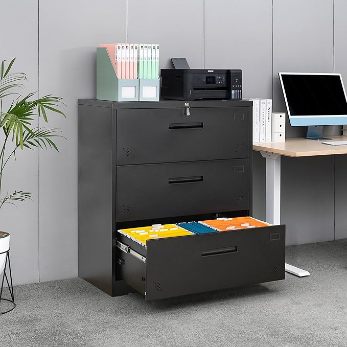 Generic 3 Drawer Lateral Filing Cabinet for LegalLetter A4 Size Large Deep Drawers Locked by Keys Locking Wide File Cabinet for Home Office Metal Steel Black