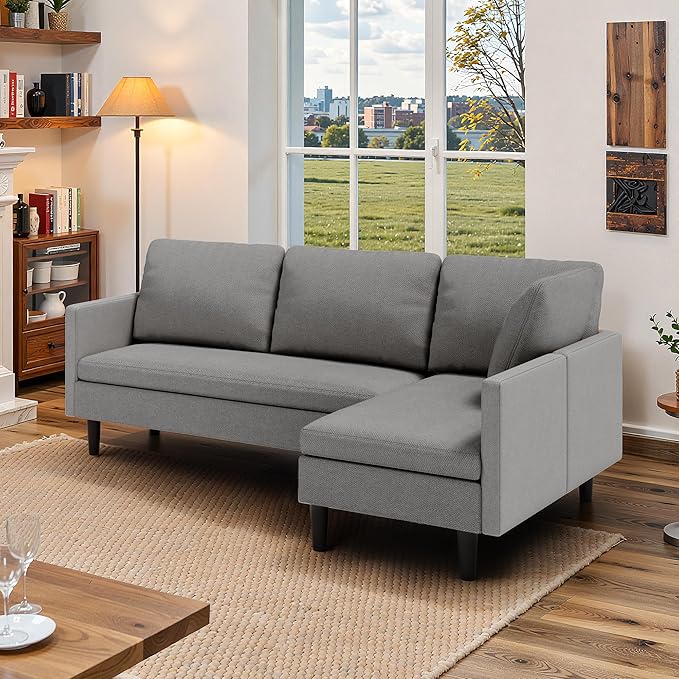 Gizoon Convertible Sectional Sofa Convertible to L-Shaped Sofa Linear and Sofa Bed with Comfortable and Soft Fabric Four Pillows for Living Room Apartment and Office Light Gray