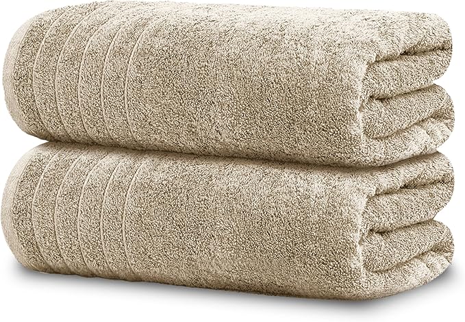 Tens Towels Pack of 2 Extra Large Bath Sheets 35 x 70 Inches 100% Cotton Larger &amp Lighter Weight Quicker to Dry Super Soft &amp Absorbent Oversized Bath Towels Beige