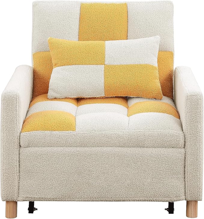 Sleeper Sofa Bed 3-in-1 Convertible Chair Bed Multi-Functional Sleeper Chair Soft Teddy Fabric for Living Room Apartment Office (White&ampYellow)