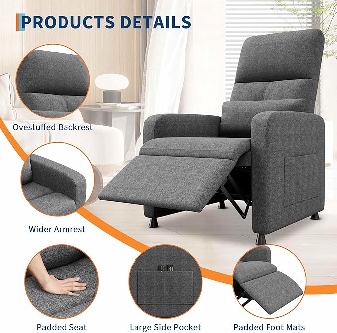 Power Recliner Chair Adjustable Electric Reclining Chair for Adults Overstuffed Tall Back Sofa with Padded Seat 2 Side Pockets &amp USB Port Home Theater Seating for Living Room - Gray