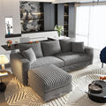 82.7'' Oversized Corduroy Couch Modular Sectional Sofa with Ottoman Upholstered 3 Deep Seat L Shape Sofa Convertible Cloud Couches with Chaise Lounge for Living Room Apartment Gray