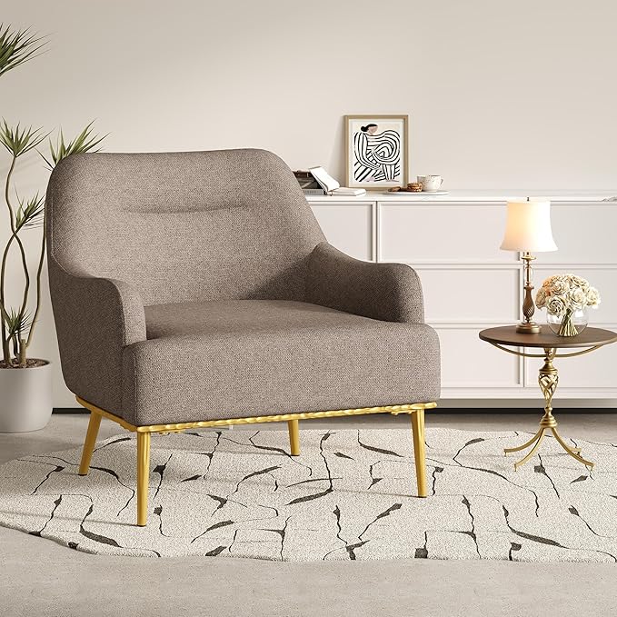 Merax Modern Curved Accent Chair Upholstered Armchair Single Sofa Chair with Curved Backrest and Gold Metal Legs for Living Room Bedroom or Reading Corner Brown