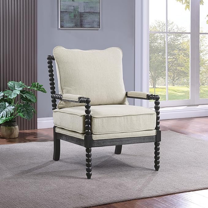 OSP Home Furnishings Eliza Spindle Accent Chair Linen Fabric with Black Wood