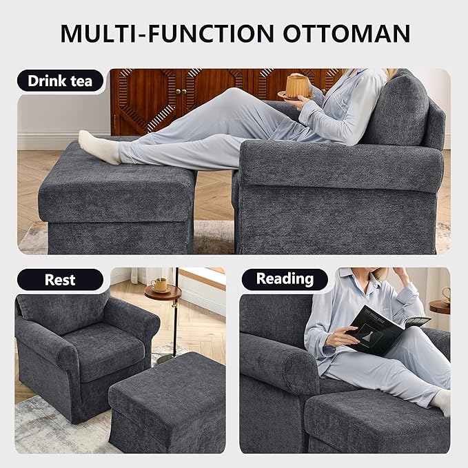 35.82 Accent Chair with Ottoman SetUpholstered Living Room Chairs for Reading Chair with Chaise Lounge Chairs Indoor Comfortable Armchair for Bedroom (Gray 35.82)