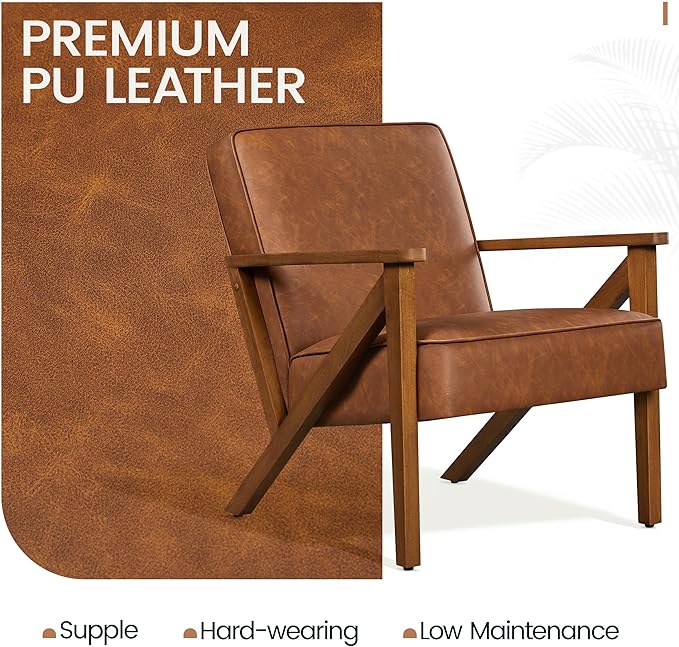 Topeakmart PU Leather Accent Chair Modern Mid Century Armchair Sofa Chair with Wooden Frame and Sturdy Legs for Living Room 1/Light Brown