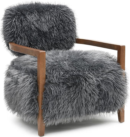 Furniture of America Ramos Modern Accent Chair with Ultra Soft Faux Fur Long-Haired Accent Sofa Tight Seat and Back Single Couch Fluffy Living Room Seating No Assembly Needed Charcoal Gray