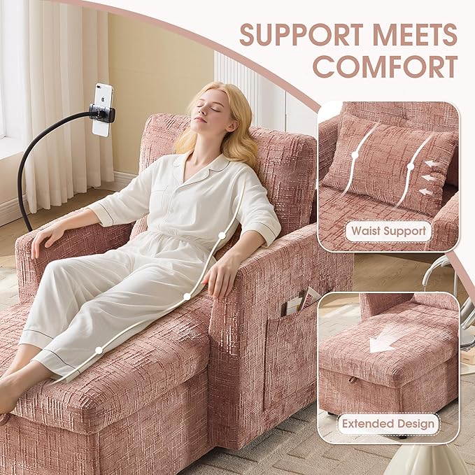 HOMEFUN Sleeper Chair Bed Lazy-Friendly Indoor Chaise Lounge with Storage Cell Phone Bracket Multifunctional Sofa for Bedroom Living Room Small Space Adults