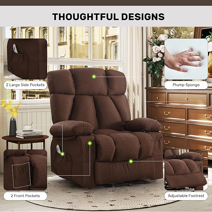 Power Lift Recliner Chair for Elderly Big and Tall Lift Chair with Massage and Heat for Living Room Fabric Electric Recliner Chairs with 4 Side Pockets USB Charge PortBrown