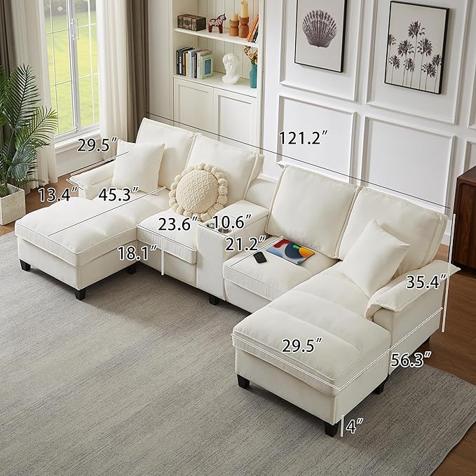 Ball &amp Cast 120 U-Shaped Sectional Couch with 2 Storage Chaise Footrest &amp 2 Throw Pillows4 Seat Corduroy Upholstered Modular Sofa W/2 Cup HoldersUSB Ports &amp Hidden Storage Box for Livin