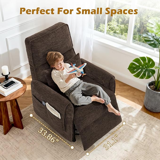 Power Recliner Chair Small Recliners for Small Spaces Electric Recliner Chairs for Adults with Memory Function Reclining Chair with Remote Pillow and Side Pockets Living Room Chenille