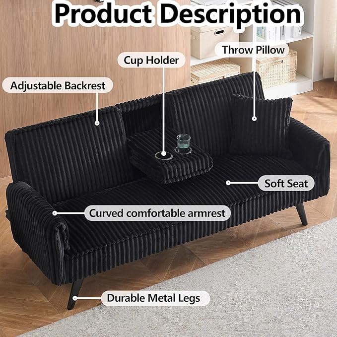 72” Corduroy Futon Sofa Bed with Pillows Modern Convertible Futon Couch with 2 Cup Holders&amp Metal Legs for Small Spaces Living Room Solid Wood Frame (Black)