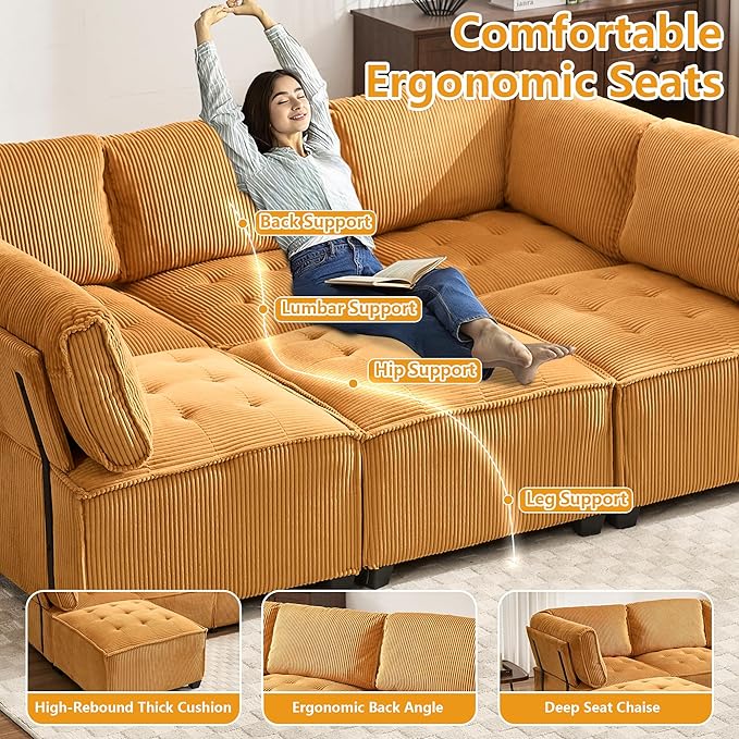 121 U Shaped Modular Sectional Sofa Couch 6 Seat Convertible Upholstered Deep Seat Sleeper Sofa with Chaise Lounge Cloud Couch for Living Room Mustard Yellow