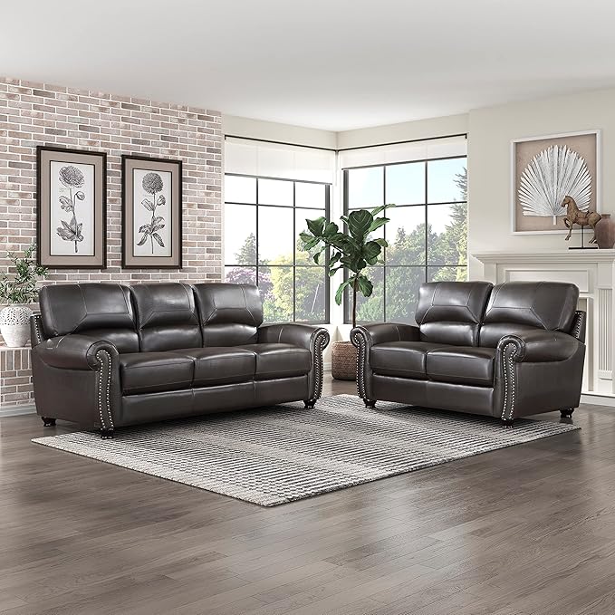 Lexicon Leather Match Couch for Living Room with Wood Frame Rolled Armrest &amp Nailhead Trim Top Grain Leather Match Sofa for Bedroom Office Waiting Room 2-Seater Loveseat Dark Brown