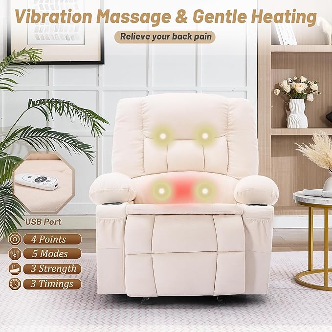 Rocker Recliner Chair with Massage and Heat Nursery Rocking Chairs for Living Room Ergonomic Comfy Relining Chair with Cup Holders USB Charge Port Side Pockets Recliner Chair for Adults Beige